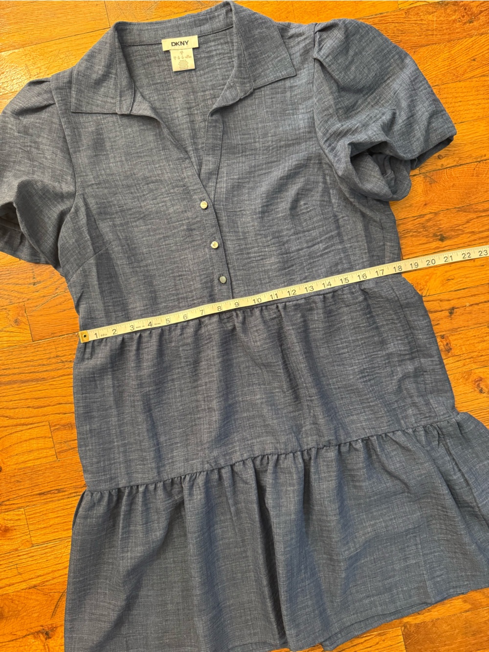 DKNY Indigo Blue Tiered Mini Shirt Dress Puff Sleeve Collared A-Line Size 8 - Picture 9 of 12
